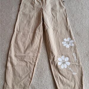 Women's Tan Floral Embroidered Pants